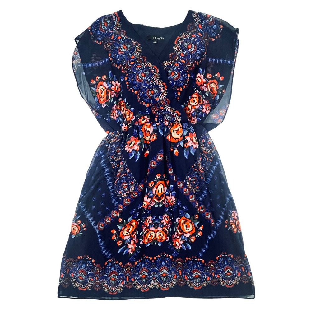 Sangria Navy Blue Floral Medallion V-Neck Chiffon Dress Size 2 ADAQNAVY